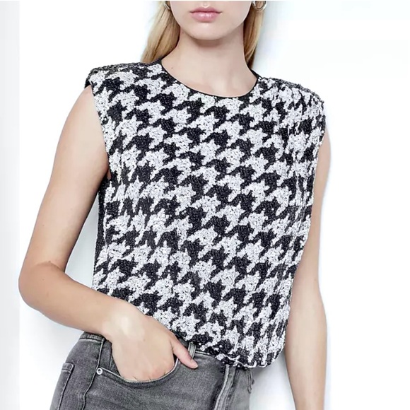 EXPRESS Houndstooth Sequin Embellished Top Crop Cap Sleeve Elasticized Waist - Picture 2 of 12